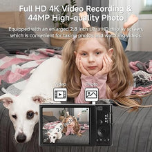Load image into Gallery viewer, Black Digital Camera 2024 Upgrade 4K 44MP Digital Cameras for Teens, Digital Point and Shoot Camera for Kids with 16X Zoom, 64GB SD Card, Compact Small Camera for Boys Girls Teens Kids Gift
