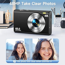 Load image into Gallery viewer, Digital Camera, Autofocus 48MP UHD 4K Vlogging Camera 16X Digital Zoom, Portable Compact Point and Shoot Digital Camera for Teens Adult Beginner with 32GB Card, 2 Batteries, Lanyard(Black)