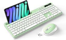 Load image into Gallery viewer, Wireless Keyboard and Mouse Combo, Soueto 2.4G Full-Sized Computer Keyboard with Phone Tablet Holder, 22 Multimedia Shortcuts, Numeric Keypad, 6 Button Silent Mouse for Windows, Mac (Light Green)