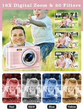 Load image into Gallery viewer, Upgrade Digital Camera, 56MP FHD 1080P Camera for Kids with 16x Zoom Anti Shake, Kid Camera with 32GB TF Card, Two Batteries, Lanyard, Compact Small Camera for Kids Boys Girls?Pink?