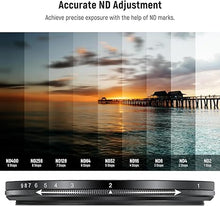 Load image into Gallery viewer, NEEWER 58mm ND2-400 (1-9 Stops) Variable ND Filter with Lens Cap, Lanyard, Cleaning Cloth, Precise Neutral Density Adjustment, Fingerprint & Scratch Resistant Multicoated Optical Glass