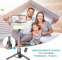 Load image into Gallery viewer, Stable Selfie Stick Tripod with Fill Light, 44 Inch Extendable Selfie Stick with Wireless Remote and Tripod Stand 360 Rotation for iPhone 15/14/13/12/11 Pro/XS Max/XS/XR/X/8/7, Samsung and Smartphone