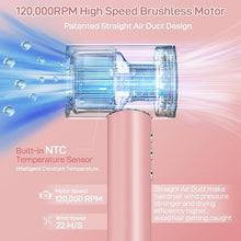 Load image into Gallery viewer, CIICII Negative Ionic Hair Dryer Professional, 120000RPM High Speed Blow Dryer (1600W Brushless/ 3-Speed/ 4-Temp & HD Display & Portable Bag) Fast Drying Hairdryer for Home, Travel & Salon (Pink)