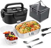 Load image into Gallery viewer, Electric Lunch Box, 12V/24V/110V Portable Food Warmer with SS Fork & Spoon for Car/Truck/Office, 80W Self Heating Lunch Box with 1.5L Container & 0.45L PP Fruit Box Matte Black