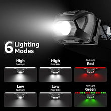 Load image into Gallery viewer, LE Headlamp Rechargeable, LED Head Lamp with 6 Modes for Camping & Hiking Gear Essentials, IPX4 Waterproof High Lumen Bright Headlight Flashlights with Adjustable Headband, USB Cable Included