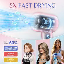 Load image into Gallery viewer, DORISILK Ionic Hair Dryer 110,000 RPM High Speed, Professional Blow Dryers for Salon Home Use, Portable Blowout Hair Dryers Lightweight with Nozzle Hot & Cold Selection Gift for Women Girl, Pink Blue