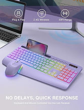Load image into Gallery viewer, SABLUTE Wireless Keyboard and Mouse Combo, 9 Backlit Effects, Wrist Rest, Phone Holder, 2.4G Lag-Free Ergonomic Keyboards, Rechargeable Silent Cordless Set for Computer, Laptop, Mac, Windows?Purple?