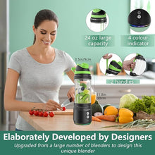 Load image into Gallery viewer, Portable Blender for Shakes and Smoothies, 24oz Travel Blender 300Watt on the Go Blender USB Rechargeable Personal Blender with a Travel Lid & BPA Free Bottle(Green Cap Black Body)