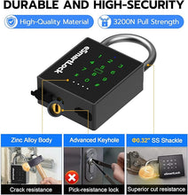 Load image into Gallery viewer, eLinkSmart Heavy Duty Smart Padlock with Key, Pad Locks with Code Keypad, Weatherproof Bluetooth RFID Keyless Electronic Digital Combination Lock for Outdoor Fence Gate Pool Shed Gym Locker Storage