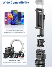 Load image into Gallery viewer, 75" Phone Tripod, Selfie Stick Tripod with Remote and Phone Holder, Extendable Tripod for iPhone, Aluminum Cell Phone Tripod Stand 360° Rotation Travel Tripod Compatible with iPhone Android, GoPro