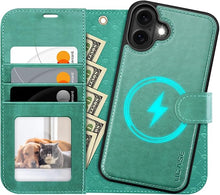Load image into Gallery viewer, OCASE for iPhone 16 Case Detachable Wallet Case with Card Holder, 2 in 1 Pu Leather Flip Folio with RFID Blocking Stand Wrist Strap Shockproof Phone Cover 6.1 Inch 2024, Green