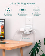 Load image into Gallery viewer, Australia New Zealand Power Plug Adapter, Australia Travel Adapter with 3 American Outlets 3 USB Charging Ports (1 USB C), Type I Plug Adapter for US to Australia, Argentina, China