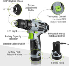 Load image into Gallery viewer, WORKPRO Cordless Drill Driver Kit, 12V Electric Screwdriver Driver Tool Kit, 3/8" Keyless Chuck, Charger and Storage Bag Included
