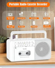 Load image into Gallery viewer, Rechargeable Cassette Tape Player Boombox with Bluetooth, Portable AM FM SW Radio Cassette Recorder, 8W Speaker and Earphone Jack,Support USB/TF Card, D Batteries or AC Plug in Power