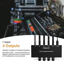 Load image into Gallery viewer, Cubilux 4-Channel 6.35 Headphone Amplifier Aluminum Audio Amp,Ultra-Low Noise Mini Earphone Splitter for Music Sharing/Monitoring, 1/4 "TRS Headphone Output and TRS Audio Input-DC 5V Power Supply