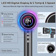 Load image into Gallery viewer, CIICII Negative Ionic Hair Dryer Professional, 120000RPM High Speed Blow Dryer (1600W Brushless/ 3-Speed/ 4-Temp & HD Display & Portable Bag) Fast Drying Hairdryer for Home, Travel & Salon (Black)