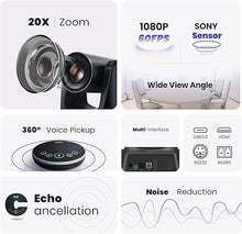 Load image into Gallery viewer, HDMI 20X Optical Zoom PTZ Conference Room Camera System, 1080P 60fps USB3.0 Computer Camera with Microphone & Bluetooth Speakerphone, Easy Setup for Church & Meetings