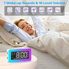 Load image into Gallery viewer, Alarm Clocks for Bedrooms, Mirror Clock with 8 RGB Atmosphere Light, Dual Alarms, 3 Alarm Modes, Snooze, Sleep Aid, Timer, USB Charger, Bedside Digital Alarm Clock for Kids, Adults, Heavy Sleepers