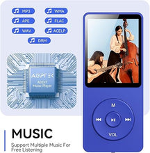 Load image into Gallery viewer, AGPTEK A02 MP3 Player with Bluetooth 5.3, 1.8 inch Screen Portable Music Player with Speaker, FM Radio, Voice Recorder, Supports Expanded Up to 128GB(Blue, 32GB)