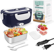 Load image into Gallery viewer, Electric Heated Lunch Boxes Adults: 80W Electric Lunch Box Food Heated 12/24/110V 1.5L Heatable Lunch Box for Car/Truck/Office Leak-Proof Stainless Steel Container, Fork & Spoon, Bag (Blue+White)