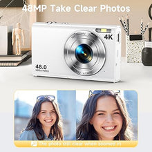 Load image into Gallery viewer, Digital Camera, Autofocus 48MP UHD 4K Vlogging Camera 16X Digital Zoom, Portable Compact Point and Shoot Digital Camera for Teens Adult Beginner with 32GB Card, 2 Batteries, Lanyard(White)