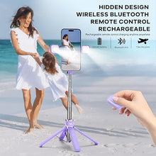 Load image into Gallery viewer, Mini iPhone Tripod Stand,MQOUNY 38" Phone Tripod &Selfie Stick with Wireless Rechargeable Remote & Removable Light, Extendable Tripod Stand 360 Rotation Compatible with iPhone&Android Samsung (Purple)