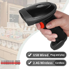 Load image into Gallery viewer, Barcode Scanner Wireless, 1D 2D QR Code Scanner Handheld Versatile 2-in-1 2.4Ghz Wireless & USB Wired Book Scanner for Personal Library, Warehouse Inventory, Clothing Shops and More