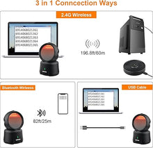 Load image into Gallery viewer, VOTTAN Omni-Directional Desktop Barcode Scanner, Bluetooth + 2.4G Wireless Hands-Free Barcode Reader, 360° Rotating Charging Stand Adjustable Scan Head 2D QR Code Presentation Scanner