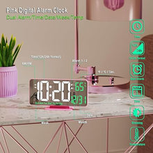 Load image into Gallery viewer, KOSUMOSU Pink Digital Clock 6.7in Desk Clock with Dual Alarm Clock, Dimming, 12/24h, Date, Day of Week, Temp, Digital LED Clock, Alarm Clock for Table, Digital Calendar Table Clocks for Bedrooms