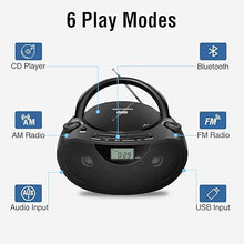 Load image into Gallery viewer, Portable Stereo CD Player Boombox with AM/FM Radio, Bluetooth, USB, AUX-in, Headphone Jack, CD-R/RW and MP3 CDs Compatible, Clear and Full Sound with Bass Boost, AC/Battery Operated – Black
