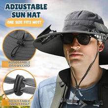 Load image into Gallery viewer, Outdoor Wide Brim Sun Hat with 2 Solar Fan Sun Bucket Hat for Men Women UPF 50+ Bucket Fishing & Beach Hat with Fan Built in