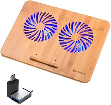 Load image into Gallery viewer, SUMISKY Laptop Stand Cooling Pad 100% Bamboo Adjustable Laptop Desk with 2 Quiet Cooling Fans Blue Light and 2 USB Ports Ergonomic Cooler Pad (15"x11" with 2 Pack USB C to USB Adapter)