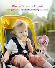Load image into Gallery viewer, Stroller Fan Clip on Baby Fan Battery Operated Portable Fan USB Rechargeable Small Fan, Flexible Tripod for Car Seat Backseat Crib Beach Travel Camping, 360°Rotatable, 3 Wind Speed, Pink