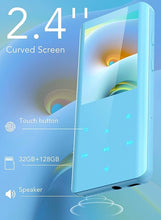 Load image into Gallery viewer, MP3 Player with Bluetooth 5.3, AGPTEK A19X 2.4" Curved Screen Portable Music Player with Speaker Lossless Sound with FM Radio, Voice Recorder, Built in 32GB, Supports up to 128GB, Blue