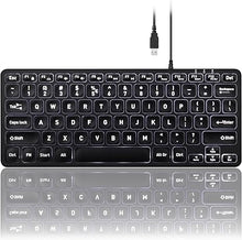 Load image into Gallery viewer, Perixx PERIBOARD-332 Wired Backlit USB Keyboard - Mini 11.22x4.57x0.83 Inches - Slim Scissor Keys with Big Font - White Illuminated LED - US English