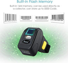 Load image into Gallery viewer, Eyoyo 1D Wireless Ring Barcode Scanner, Compatible with Bluetooth Function & 2.4GHz Wireless & Wired Connection, Portable Wearable Mini Finger Bar Code Reader Work with Windows, Mac OS, Android 4.0+,