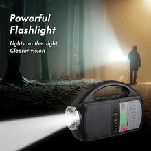 Load image into Gallery viewer, AM FM NOAA Weather Radio,Portable Emergency Radio with Flashlight. Radio with bluetooth 5.0, USB, AUX IN Powered by Built-in Rechargeable Battery or 4 AA Battery Radio for Home Indoor BLACK