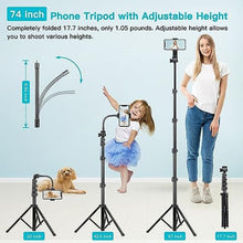 Load image into Gallery viewer, 74" Flexible Phone Tripod, Tall Cell Phone Tripod with Adjustable Gooseneck & Remote, Portable Camera Cellphone Stand for Video Recording, Compatible with iPhone Android, Black_7896