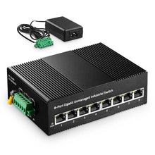 Load image into Gallery viewer, 8 Port Gigabit Industrial Ethernet Switch, 8 Ports 10/100/1000Mbps, Fanless Wall Mount and Din Rail, Metal IP40 -40~75C, with One Power Supply, Black_1