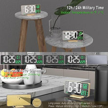 Load image into Gallery viewer, KOSUMOSU Desk Clock for Bedroom Accessories 6.7in Gold Digital Alarm Clock with Dimming,12/24h, Date, Day of Week, Temp, LED Clock, Modern Digital Calendar Clocks for Living Room Essentials