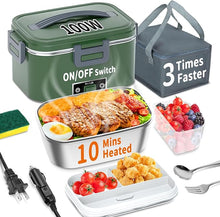 Load image into Gallery viewer, Electric Heated Lunch Box 100W - 3-IN-1 1.8L Fast Self Heating Lunch Boxes Portable Food Heater for Adults,12V/24V/110V with Leak-Proof Compartment Lid for Car Truck Office Home Green (3 Times Faster)