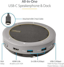 Load image into Gallery viewer, StarTech.com USB-C Speakerphone Docking Station, Mini Portable Conference Speaker and Audio Dock, USB-C to VGA/4K HDMI, 2X USB-A Hub, Mic/Speaker, Teams/Zoom/Softphone Speakerphone (DKTBRSPMPD)