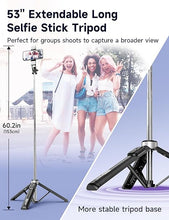 Load image into Gallery viewer, 53'' Selfie Stick Tripod with Light, Extendable Selfie Stick with Remote, Portable Cell Phone Tripod Stand with All in 1 Phone Clip, Lightweight Camera Tripod Compatible with iPhone 15 14 13, Android