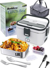 Load image into Gallery viewer, Buddew Electric Lunch Box 80W Food Heater 1.8L Large Capacity Heated Lunch Box 3 in 1 12V/24V/110V Portable Lunch Warmer for Car/Truck/Home/Office with Carry Bag and Fork and Spoon (Gray)