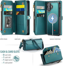 Load image into Gallery viewer, for iPhone 17 Detachable Wallet Case Compatible with Magsafe for Women, RFID Blocking 9-Card Holder Zipper Wrist Strap Lanyard PU Leather Magnetic Phone Case for iPhone 17 6.3", Blue Green