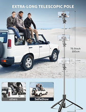Load image into Gallery viewer, 71" Phone Tripod & Selfie Stick, All in One Extendable Cell Phone Tripod with Wireless Remote, Tripod Stand for iPhone & Travel Tripod 360° Rotation Compatible with iPhone Android Phone, Camera