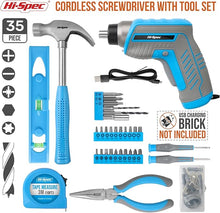 Load image into Gallery viewer, Hi-Spec 35pc Blue tool kit with 3.6V USB Electric Screwdriver and drill set. Complete general tool set