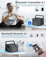Load image into Gallery viewer, Boombox Cassette CD Player Bluetooth5.1 with 5000mAh Battery,5W Dual Stereo Speakers,Rechargeable CD Player with FM Radio,Remote Control,Tape Recording,3.5mm Earphone Jack,AUX/Micro SD/USB for Home