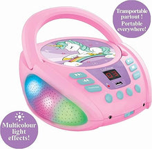 Load image into Gallery viewer, Lexibook Unicorn - Bluetooth CD Player for Kids – Portable, Multicoloured Light Effects, Microphone Jack, Aux-in Jack, AC or Battery-Operated, Girls, Boys, Pink, RCD109UNI