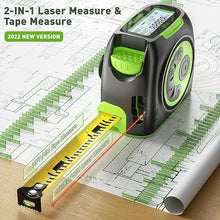 Load image into Gallery viewer, Huepar 2-in-1 Laser Tape Measure, 197Ft Rechargeable Laser Measurement Tool & 16Ft. Measure Tape with Backlit LCD & Movable Hook -Pythagorean, Area, Volume, M/in/Ft Unit Switch Digital Distance Meter